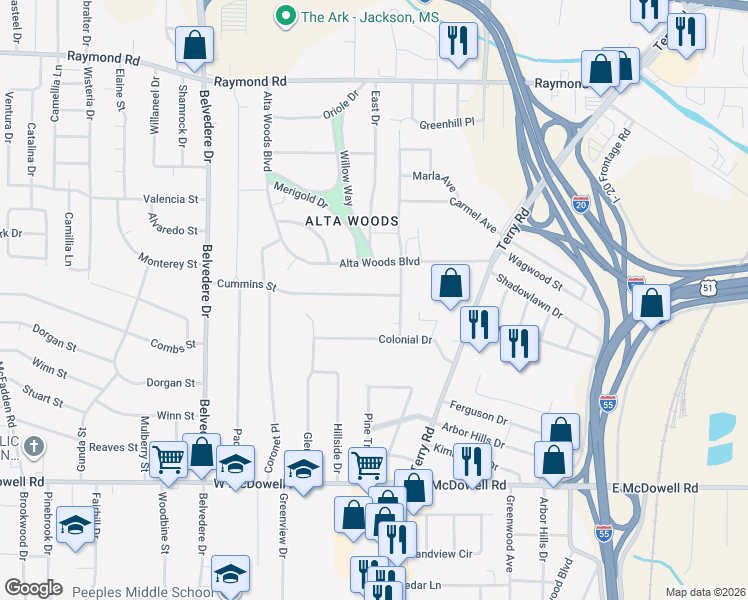 map of restaurants, bars, coffee shops, grocery stores, and more near 344 Cummins Street in Jackson