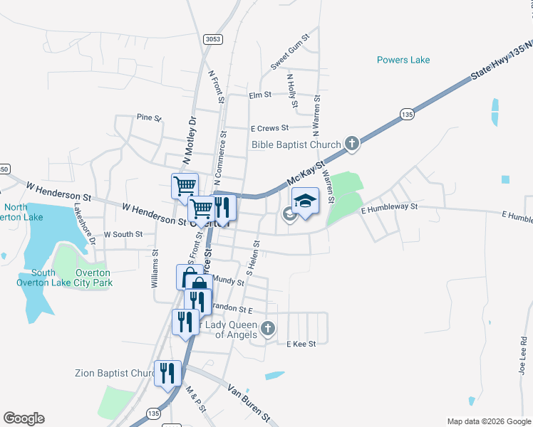 map of restaurants, bars, coffee shops, grocery stores, and more near East Main Street in Overton
