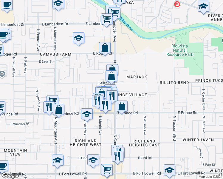map of restaurants, bars, coffee shops, grocery stores, and more near 3765 North Campbell Avenue in Tucson
