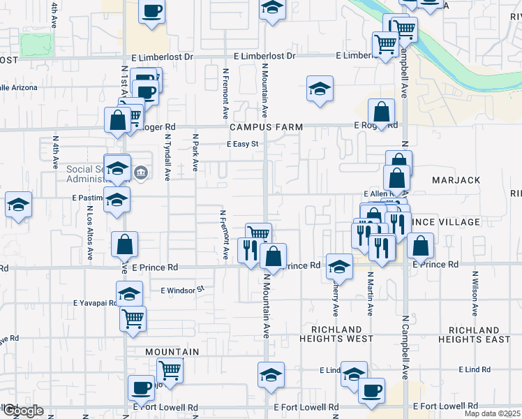 map of restaurants, bars, coffee shops, grocery stores, and more near 1302 East Allen Road in Tucson