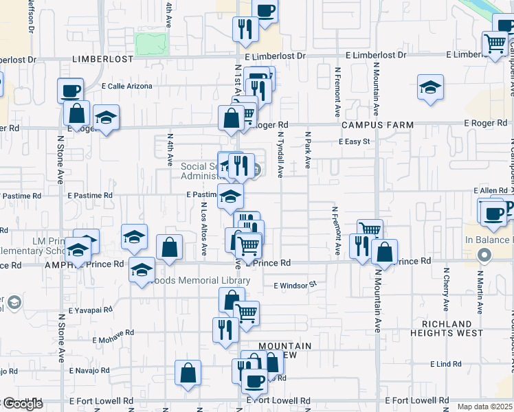 map of restaurants, bars, coffee shops, grocery stores, and more near 740 East Pastime Road in Tucson