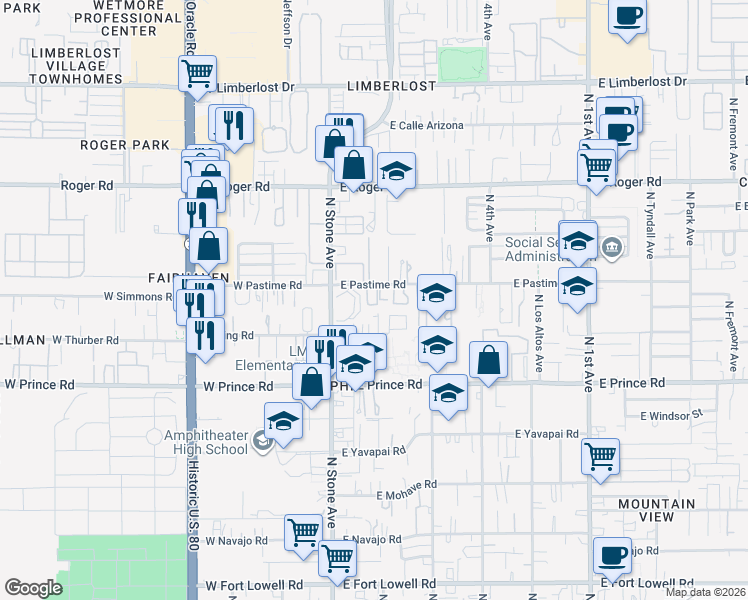 map of restaurants, bars, coffee shops, grocery stores, and more near 176 East Pastime Road in Tucson