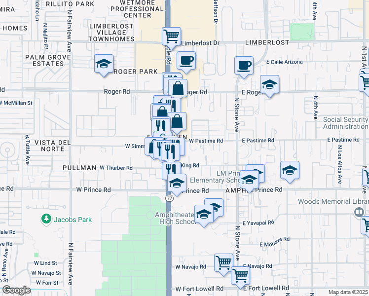 map of restaurants, bars, coffee shops, grocery stores, and more near 237 West Pastime Road in Tucson