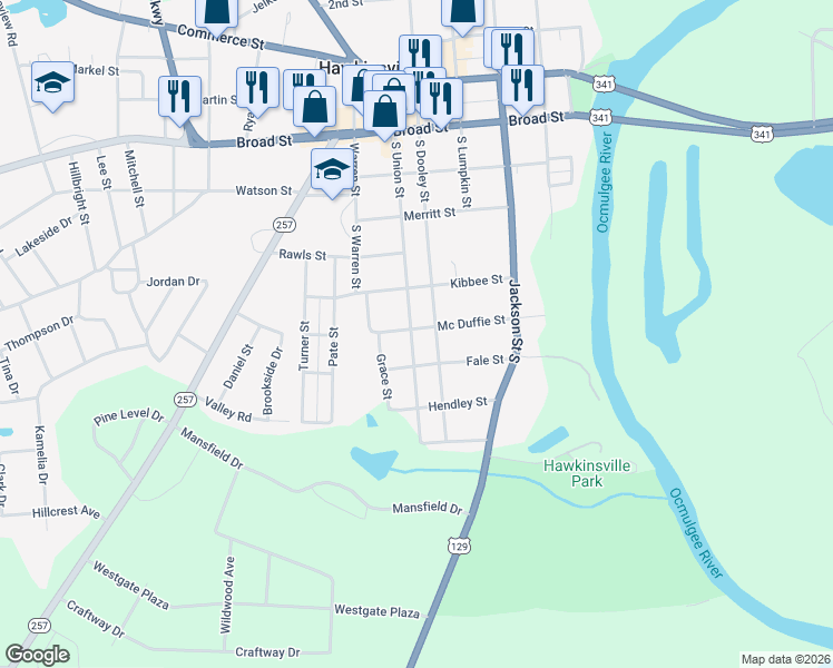 map of restaurants, bars, coffee shops, grocery stores, and more near 54 South Union Street in Hawkinsville