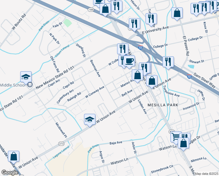 map of restaurants, bars, coffee shops, grocery stores, and more near 405 Orange Avenue in Las Cruces
