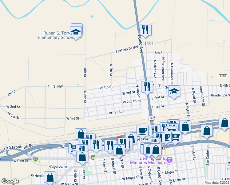 map of restaurants, bars, coffee shops, grocery stores, and more near 701-799 North Tin Street in Deming