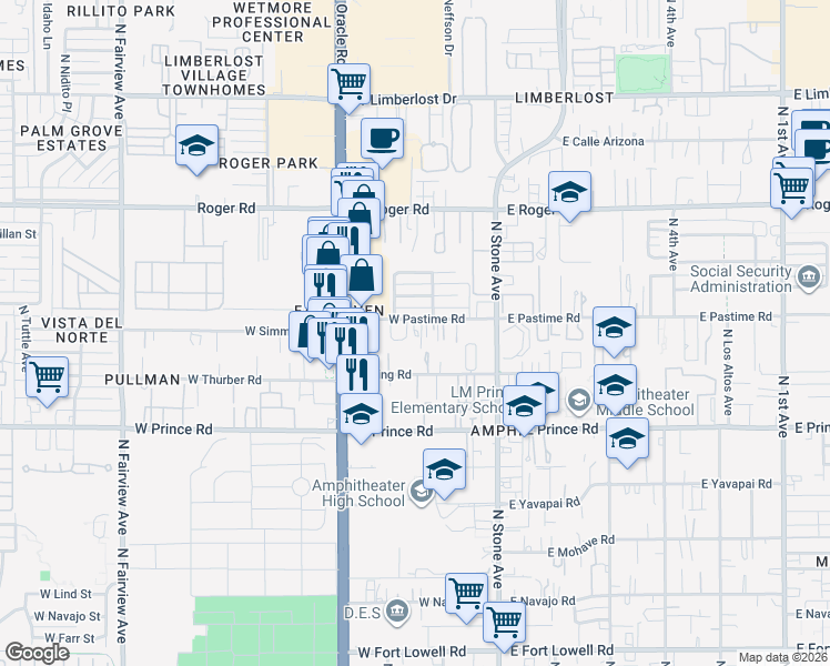 map of restaurants, bars, coffee shops, grocery stores, and more near 237 West Pastime Road in Tucson