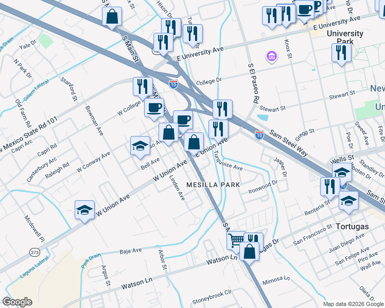 map of restaurants, bars, coffee shops, grocery stores, and more near 101-199 East Union Avenue in Las Cruces