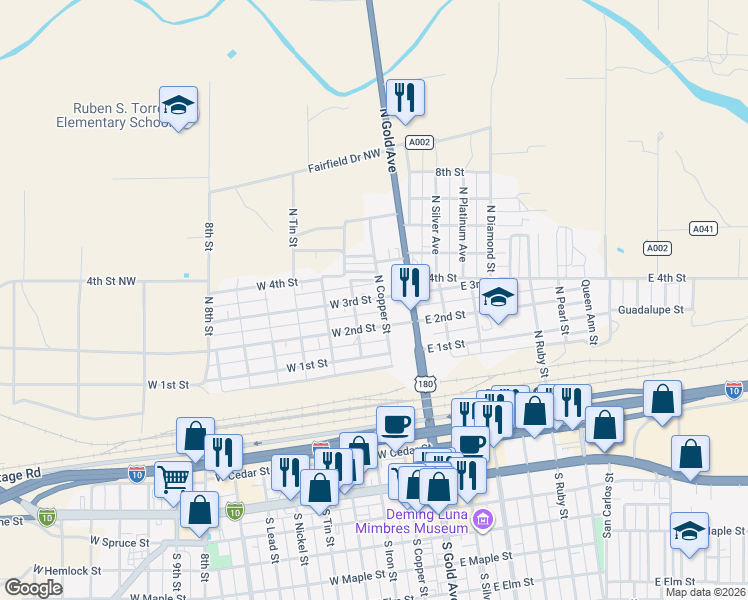 map of restaurants, bars, coffee shops, grocery stores, and more near 206 West 3rd Street in Deming