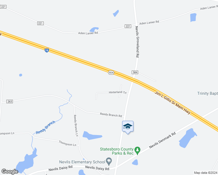 map of restaurants, bars, coffee shops, grocery stores, and more near 108 Hinterland Trail in Statesboro