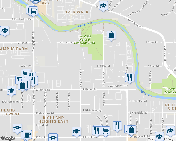 map of restaurants, bars, coffee shops, grocery stores, and more near 2544 East Allen Road in Tucson