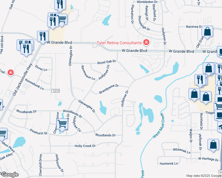 map of restaurants, bars, coffee shops, grocery stores, and more near 1504 Brandywine Drive in Tyler
