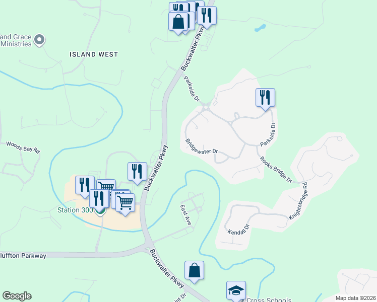 map of restaurants, bars, coffee shops, grocery stores, and more near 2 Devon Court in Bluffton