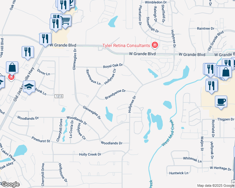 map of restaurants, bars, coffee shops, grocery stores, and more near 1504 Brandywine Drive in Tyler