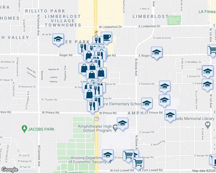 map of restaurants, bars, coffee shops, grocery stores, and more near 237 West Pastime Road in Tucson