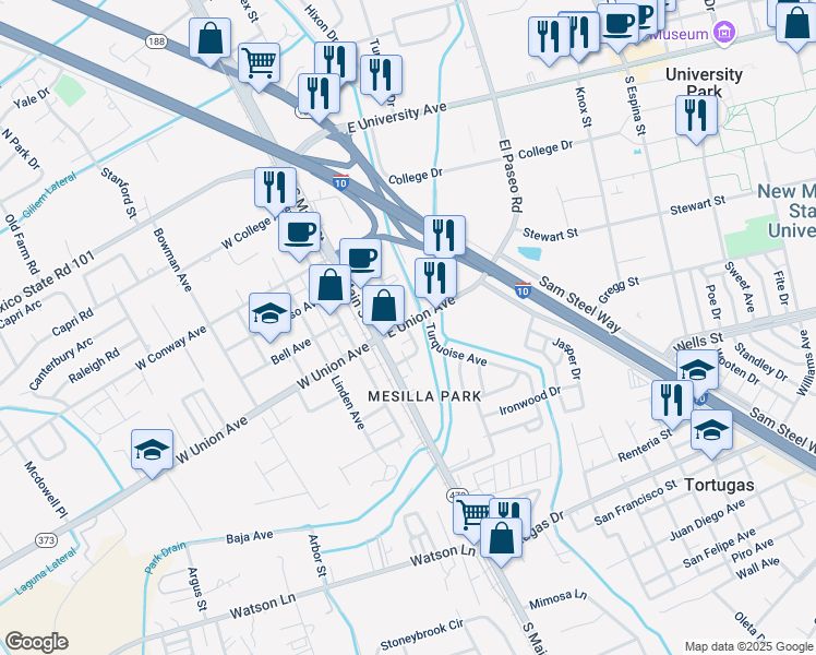 map of restaurants, bars, coffee shops, grocery stores, and more near 101 East Union Avenue in Las Cruces