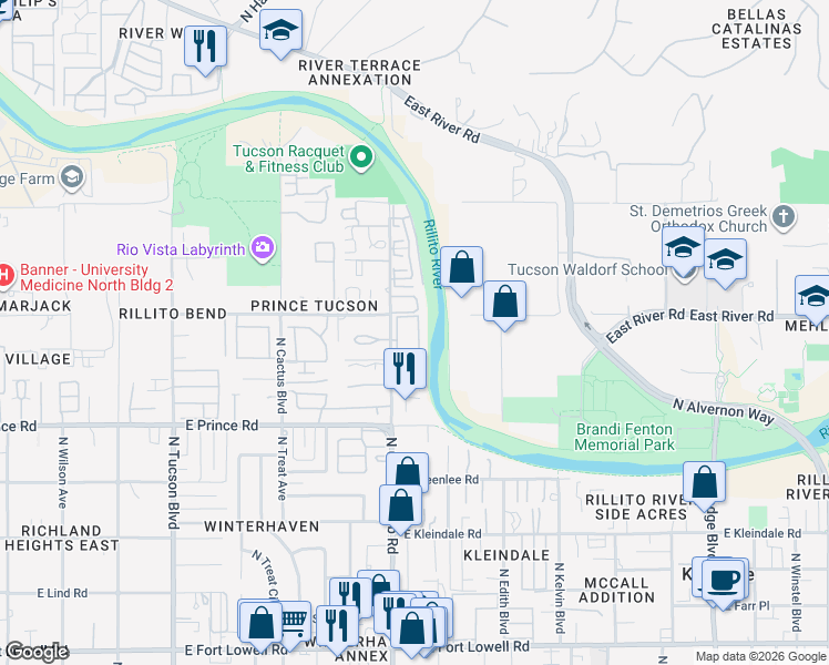 map of restaurants, bars, coffee shops, grocery stores, and more near 3750 North Country Club Road in Tucson