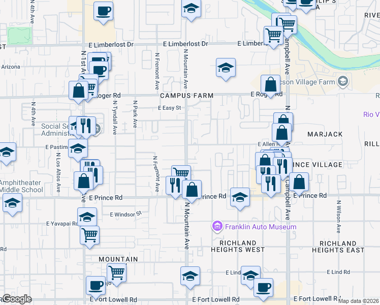 map of restaurants, bars, coffee shops, grocery stores, and more near 1302 East Allen Road in Tucson