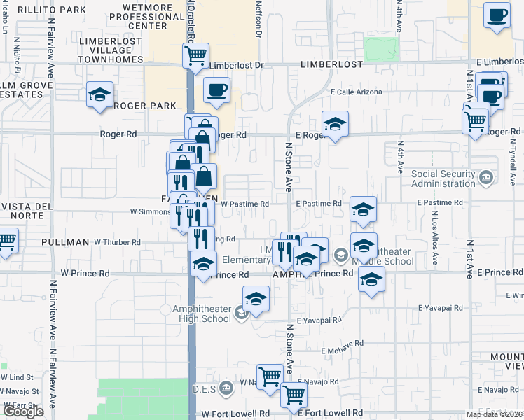 map of restaurants, bars, coffee shops, grocery stores, and more near 201 West Pastime Road in Tucson