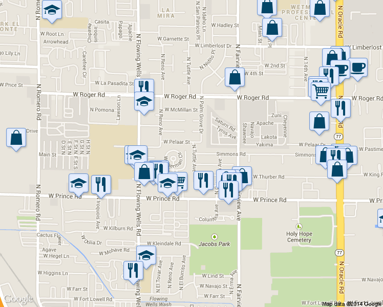 map of restaurants, bars, coffee shops, grocery stores, and more near 1150 West Prince Road in Tucson