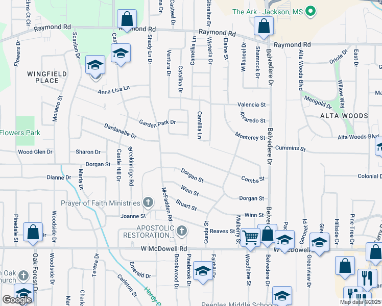 map of restaurants, bars, coffee shops, grocery stores, and more near 1040 Combs Street in Jackson