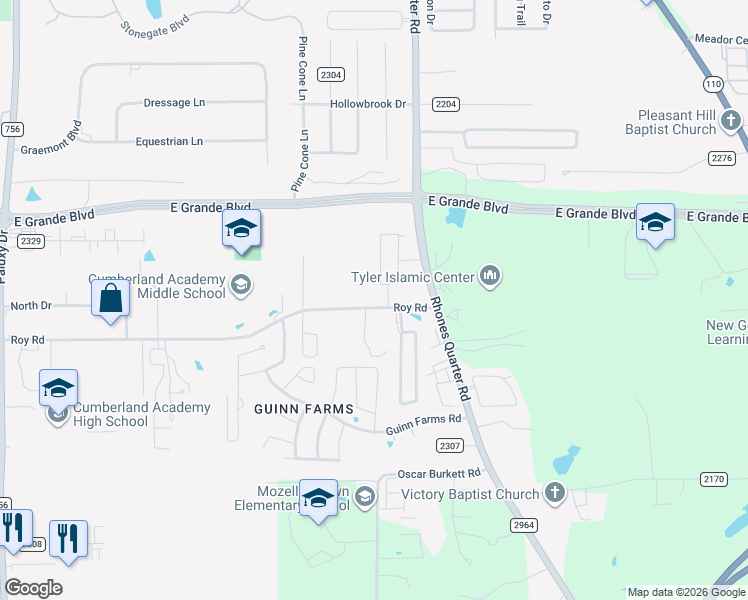 map of restaurants, bars, coffee shops, grocery stores, and more near 2816 Roy Road in Tyler