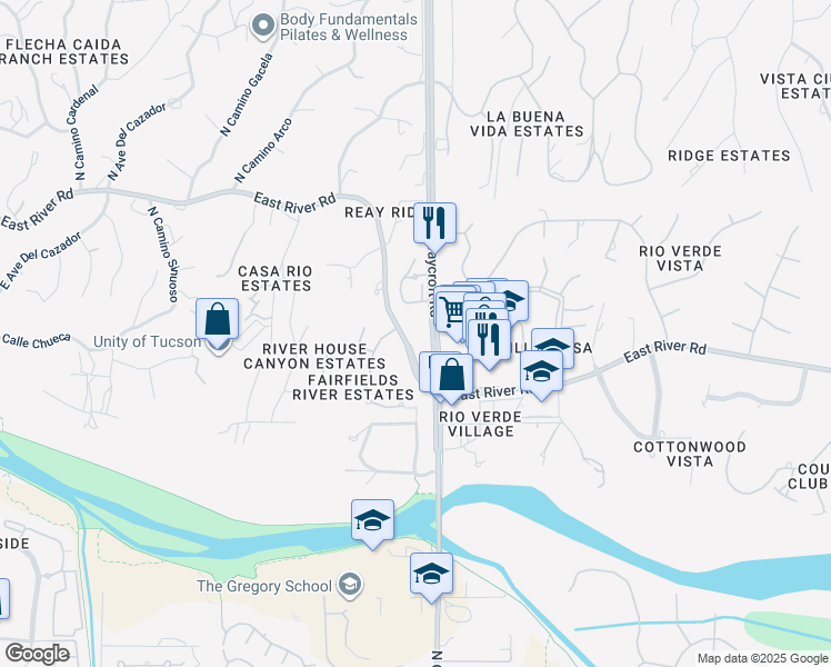 map of restaurants, bars, coffee shops, grocery stores, and more near 5419 East River Road in Tucson