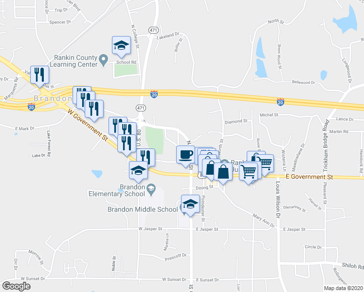 map of restaurants, bars, coffee shops, grocery stores, and more near 200 Pearl Street in Brandon