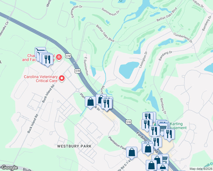 map of restaurants, bars, coffee shops, grocery stores, and more near 11 Manchester Court in Bluffton