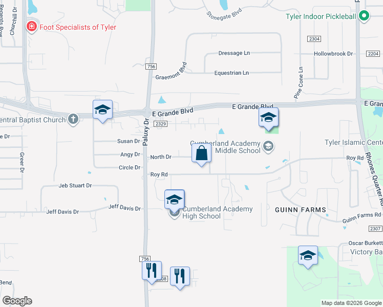 map of restaurants, bars, coffee shops, grocery stores, and more near 2102 North Drive in Tyler