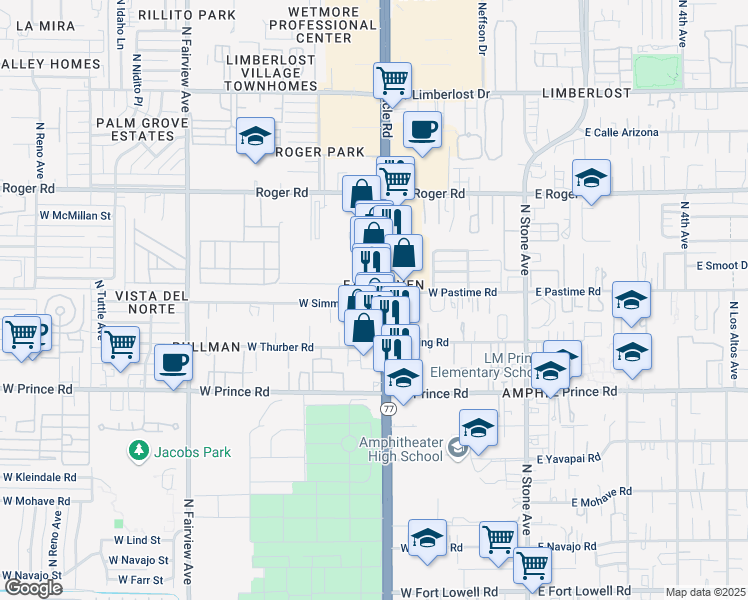 map of restaurants, bars, coffee shops, grocery stores, and more near 102 West Simmons Road in Tucson