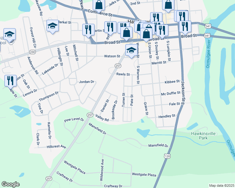 map of restaurants, bars, coffee shops, grocery stores, and more near 102 Mc Duffie Street in Hawkinsville
