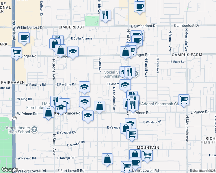 map of restaurants, bars, coffee shops, grocery stores, and more near 438 East Pastime Road in Tucson