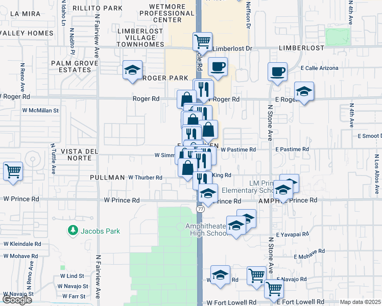 map of restaurants, bars, coffee shops, grocery stores, and more near 102 West Simmons Road in Tucson