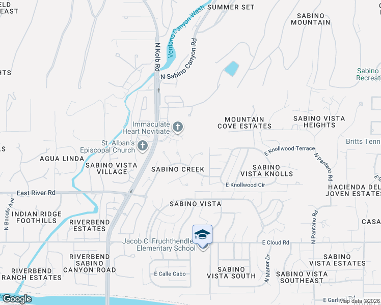 map of restaurants, bars, coffee shops, grocery stores, and more near 3767 North Sabino Ridge Place in Tucson