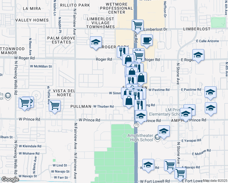 map of restaurants, bars, coffee shops, grocery stores, and more near 508 West Simmons Road in Tucson