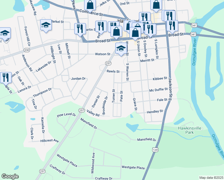 map of restaurants, bars, coffee shops, grocery stores, and more near 102 Mc Duffie Street in Hawkinsville