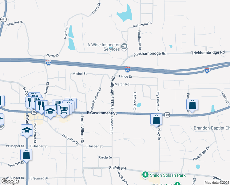 map of restaurants, bars, coffee shops, grocery stores, and more near 114 Trickham Bridge Road in Brandon
