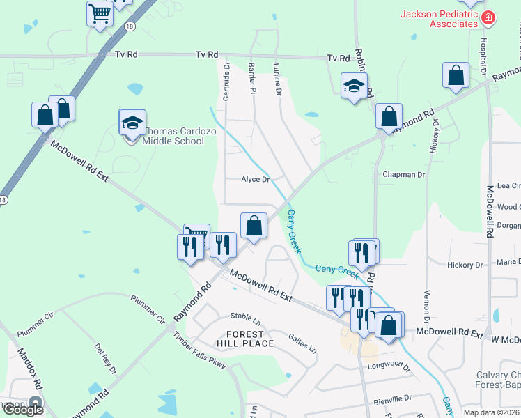 map of restaurants, bars, coffee shops, grocery stores, and more near 2017B Cooperwell Drive in Jackson