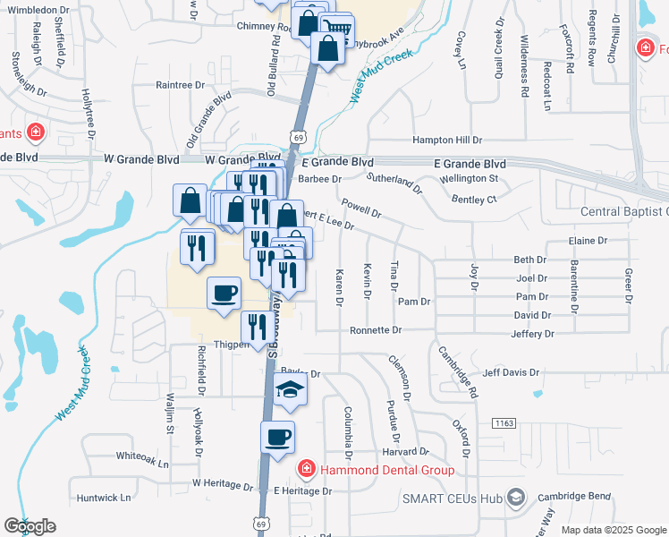 map of restaurants, bars, coffee shops, grocery stores, and more near 8125 Karen Drive in Tyler