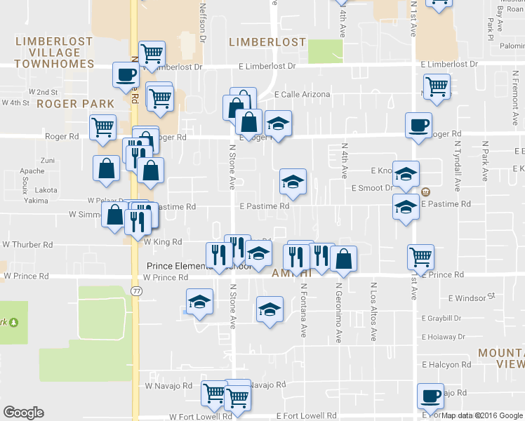 map of restaurants, bars, coffee shops, grocery stores, and more near 154 East Pastime Road in Tucson