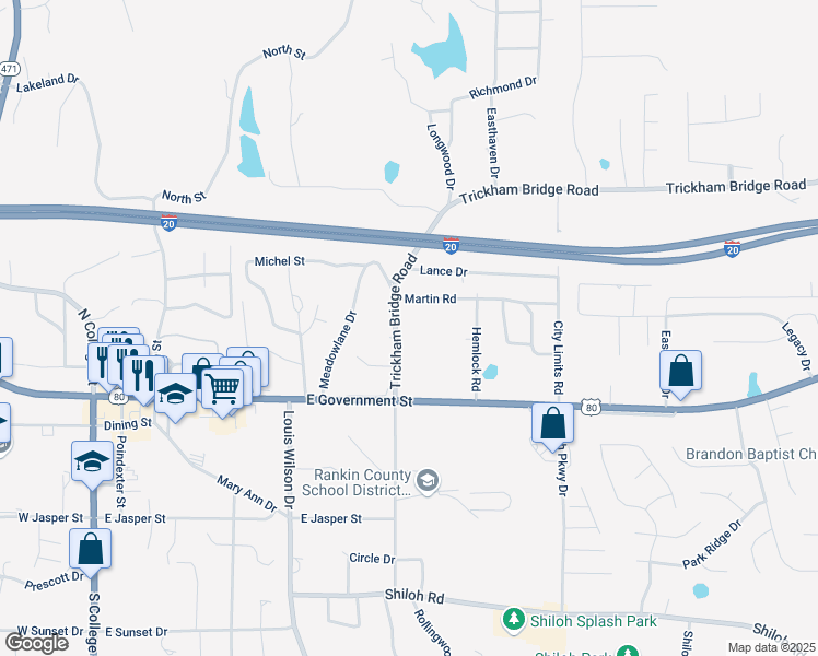 map of restaurants, bars, coffee shops, grocery stores, and more near 114 Trickham Bridge Road in Brandon