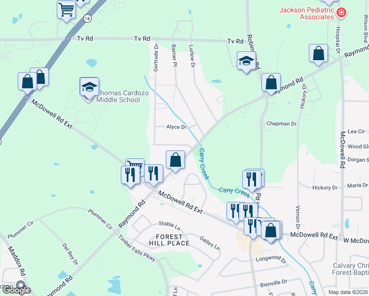 map of restaurants, bars, coffee shops, grocery stores, and more near 2017B Cooperwell Drive in Jackson