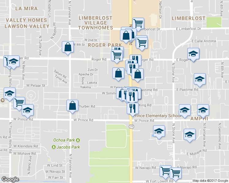 map of restaurants, bars, coffee shops, grocery stores, and more near 508 West Simmons Road in Tucson