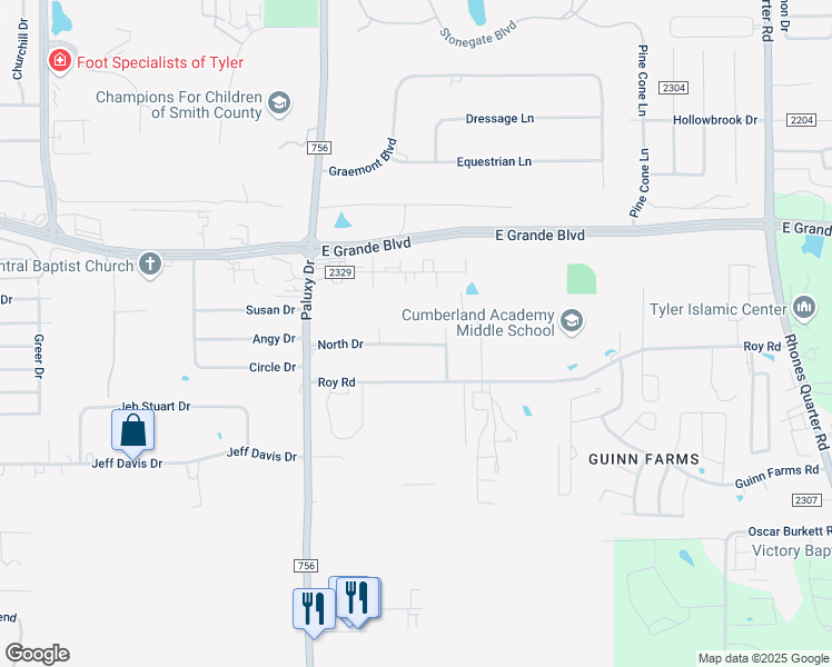 map of restaurants, bars, coffee shops, grocery stores, and more near 2124 North Dr in Tyler