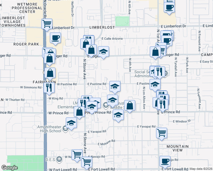map of restaurants, bars, coffee shops, grocery stores, and more near 262 East Pastime Road in Tucson