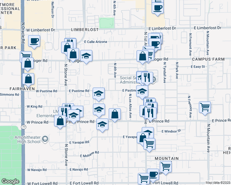 map of restaurants, bars, coffee shops, grocery stores, and more near 400 East Pastime Road in Tucson