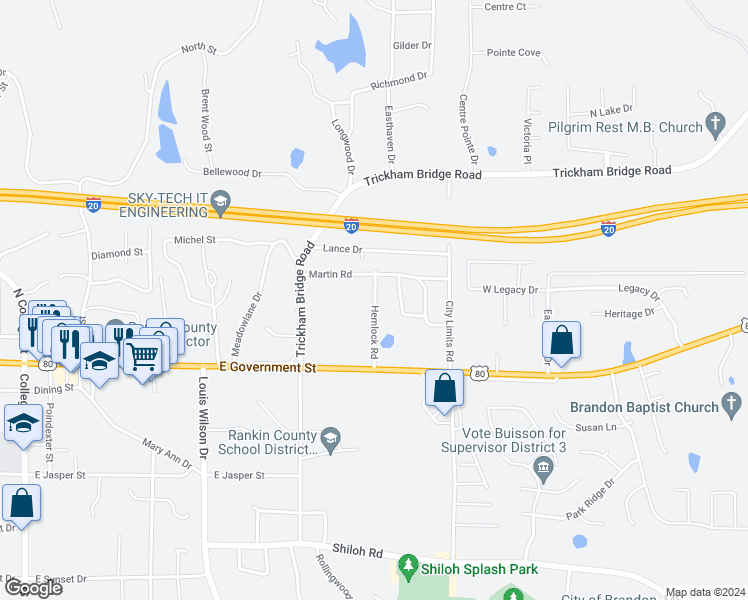 map of restaurants, bars, coffee shops, grocery stores, and more near 103 Hemlock Road in Brandon