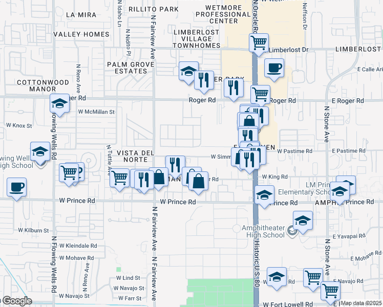 map of restaurants, bars, coffee shops, grocery stores, and more near 714 West Simmons Road in Tucson