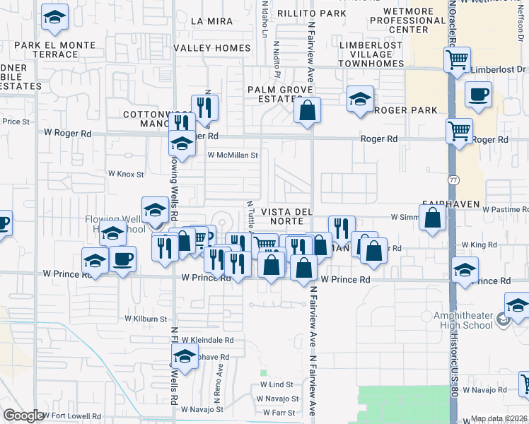 map of restaurants, bars, coffee shops, grocery stores, and more near 1046 West Simmons Street in Tucson